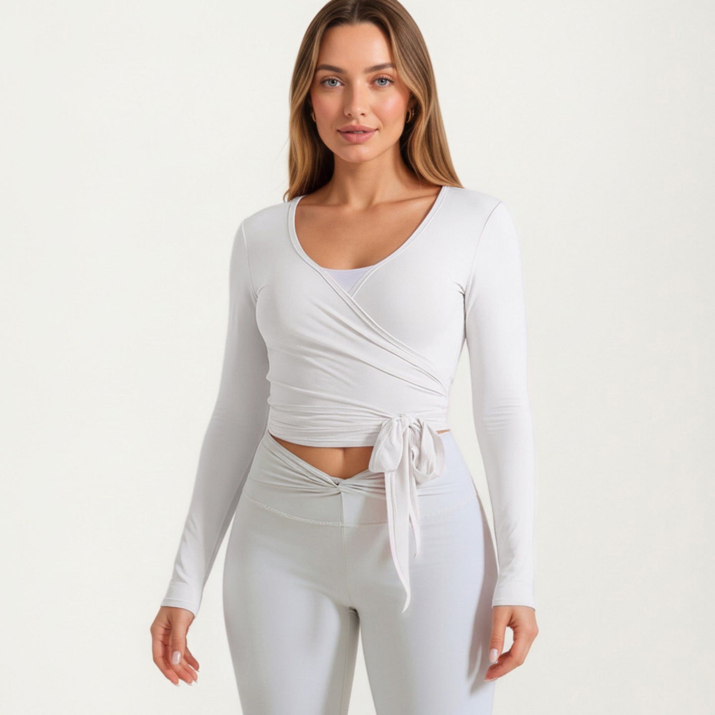 Pilates Wrap Top - Long Sleeve V-Neck Cropped Gym Cover Up Balletcore Workout Shirt