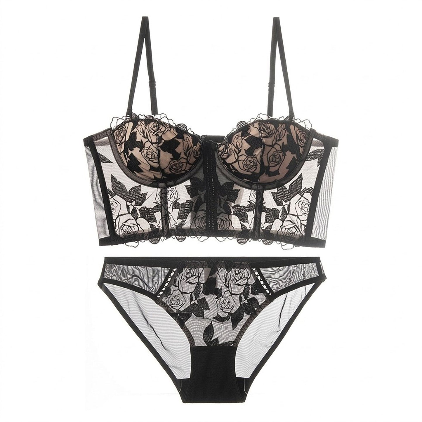 2 Piece Rose Lace Longline Underwire Bra and Panty Lingerie Set
