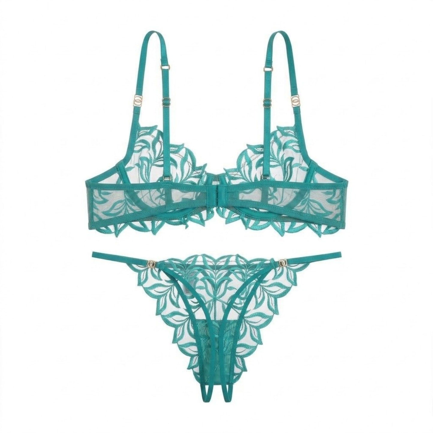 2 Piece Leaf Embroidered Mesh Underwire Bra and Thong Lingerie Set