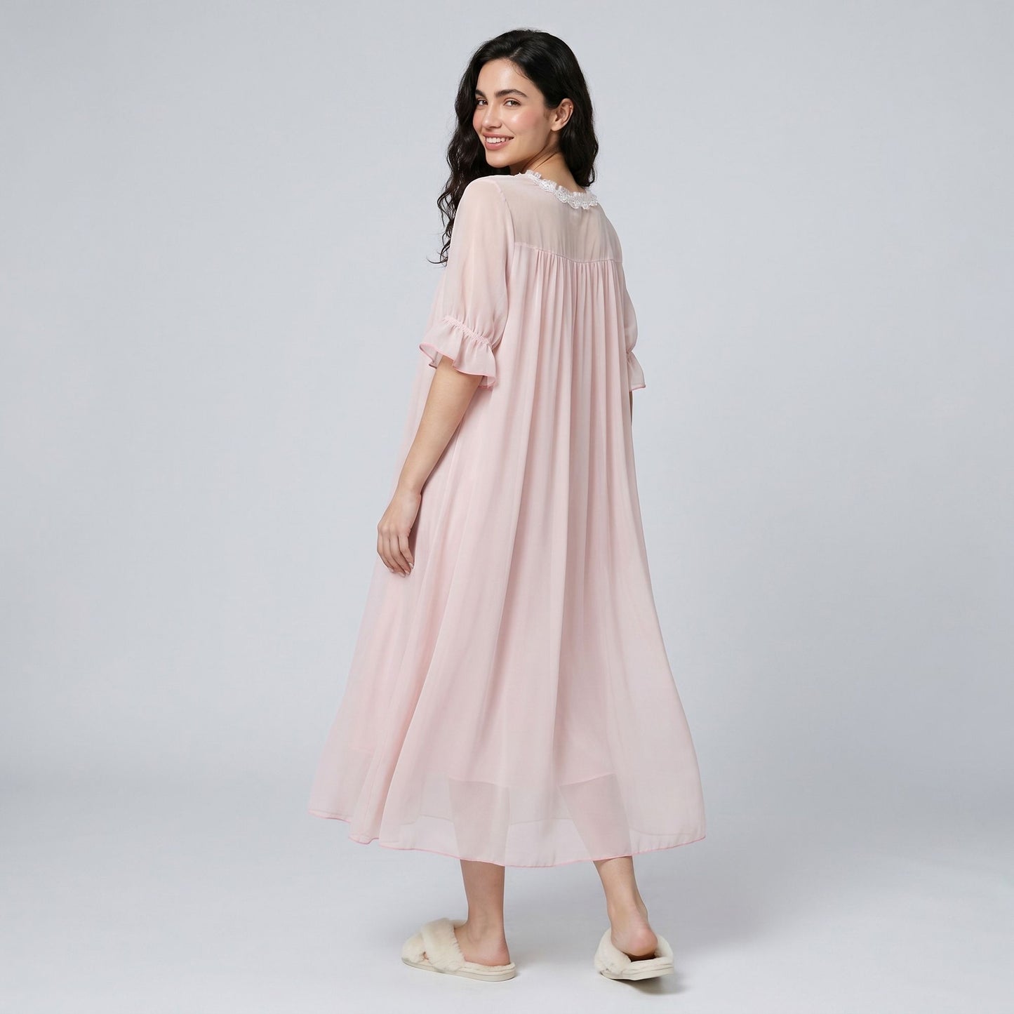 Short Sleeve Nightgown with Embroidered Collar and Ruffle Cuffs