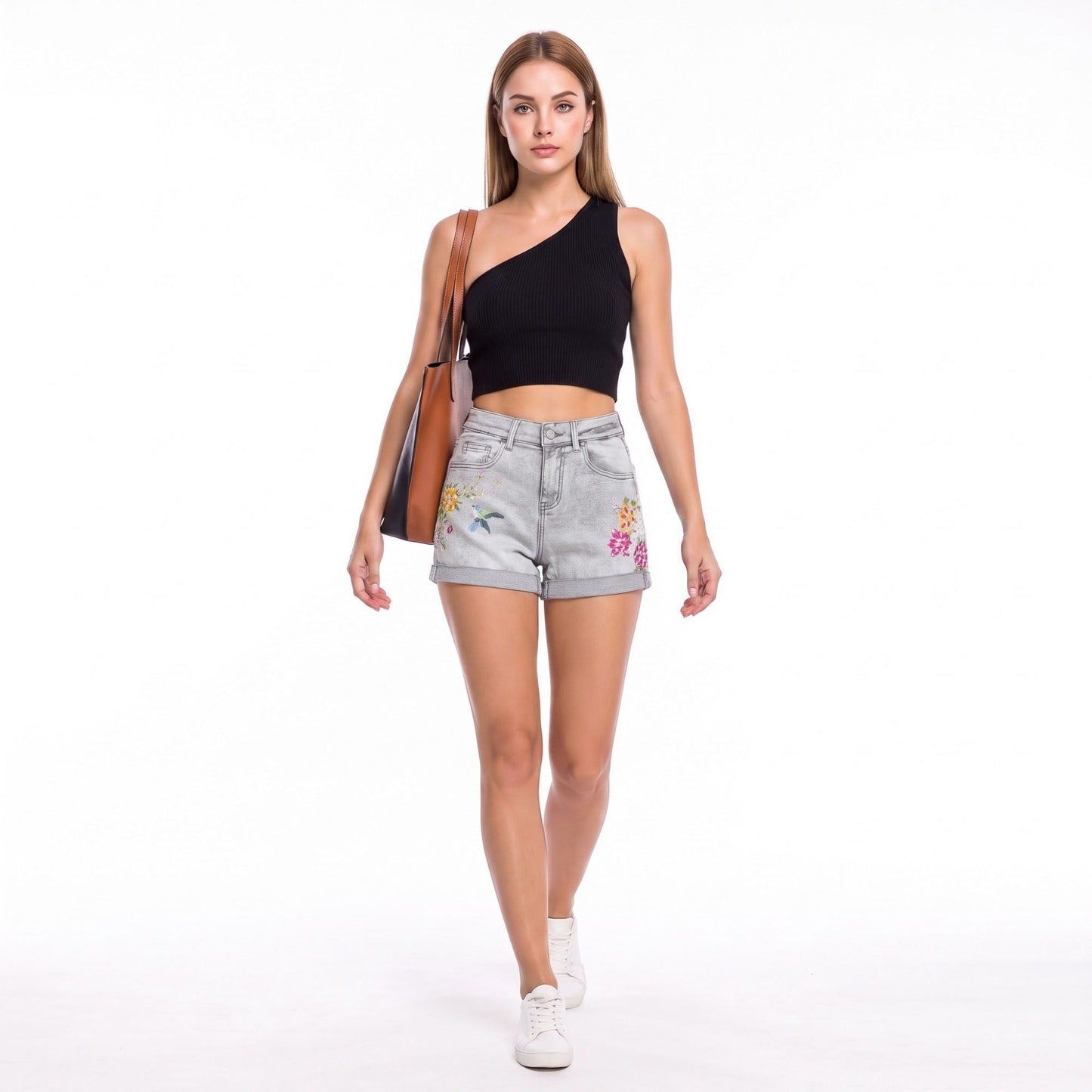 Floral Embroidered High Rise Denim Shorts Rolled Cuff Casual Jean Shorts