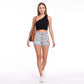 Floral Embroidered High Rise Denim Shorts Rolled Cuff Casual Jean Shorts