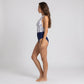 Printed Halter One Piece Swimsuit with Deep V-Neck Contrast Waist Panel Smooth Stretch Fit and Classic Leg