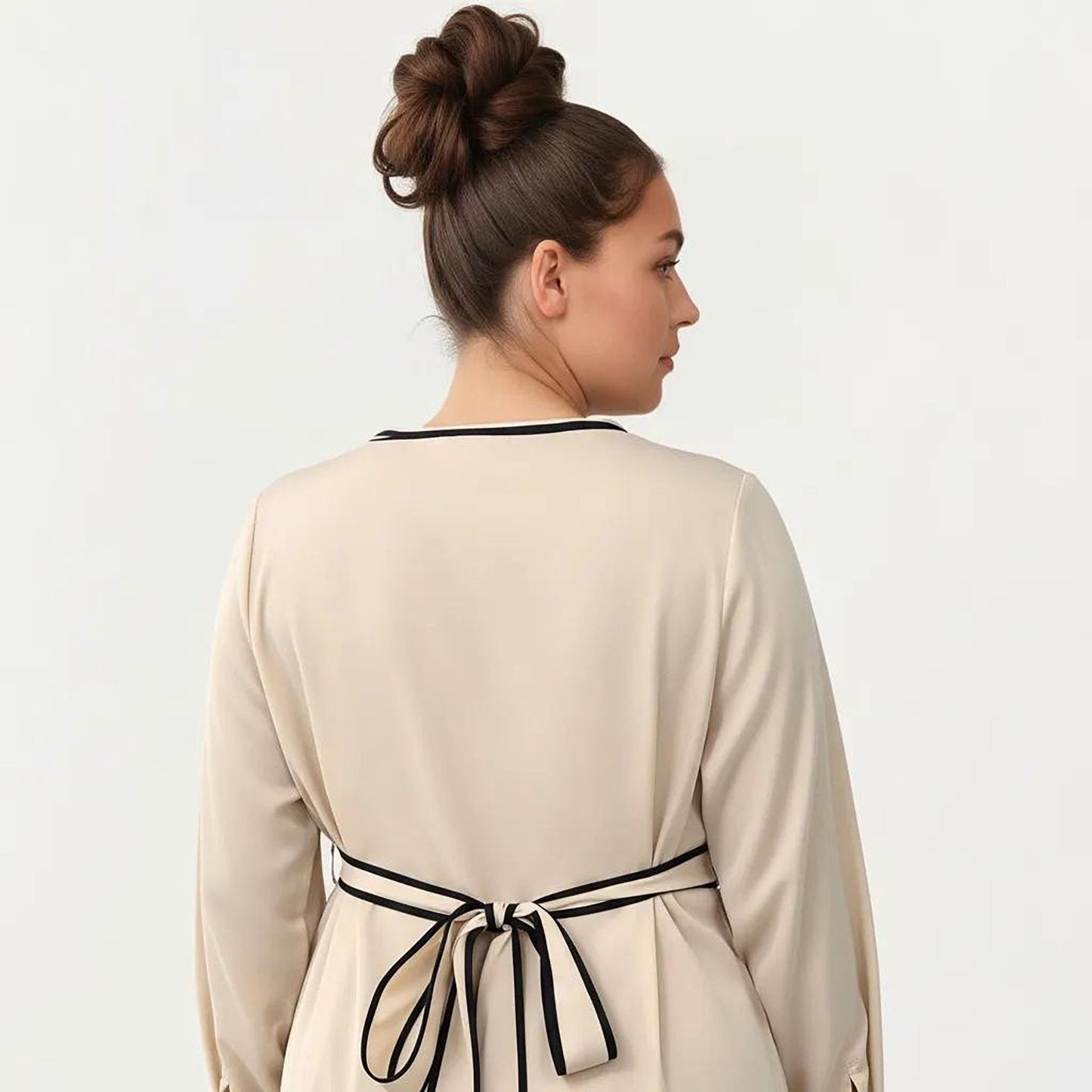 Plus Size Long Sleeve Button Front Maxi Dress with V Neckline Contrast Trim and Defined Waist Detail