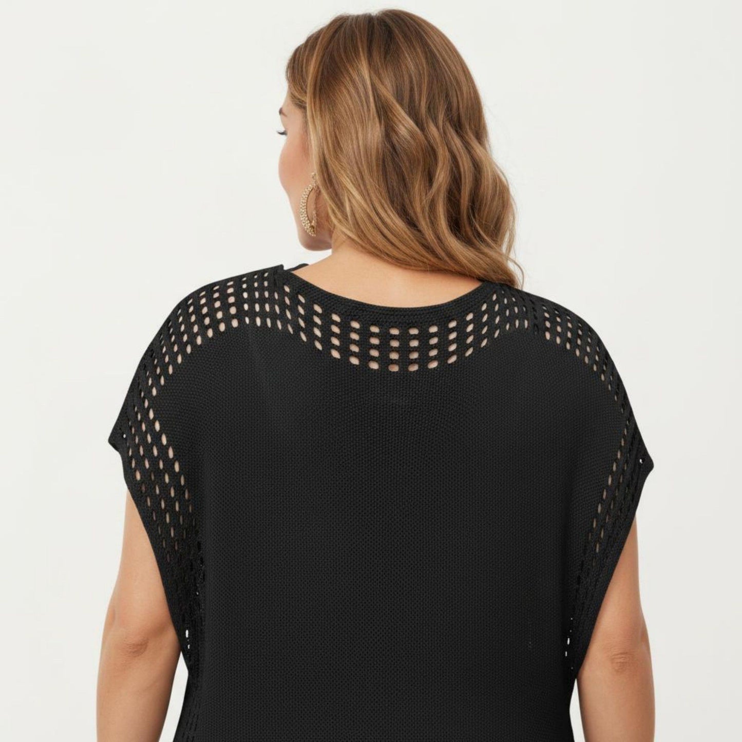 Knit Swim Cover Up Dress with Tassel Tie Neck Open Knit Trim and Relaxed Short Sleeves