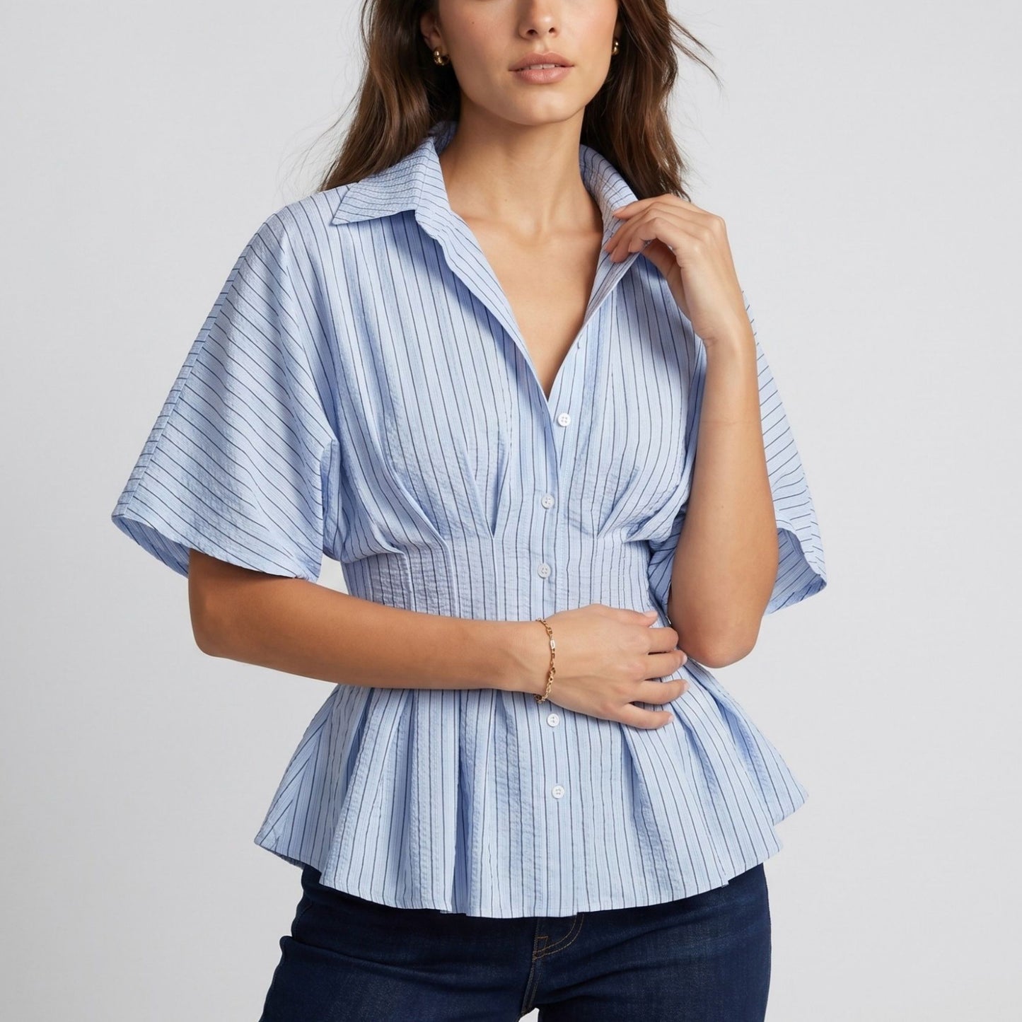 Striped Button Front Peplum Blouse with Collared Neck and Pleated Hem