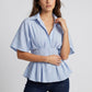 Striped Button Front Peplum Blouse with Collared Neck and Pleated Hem