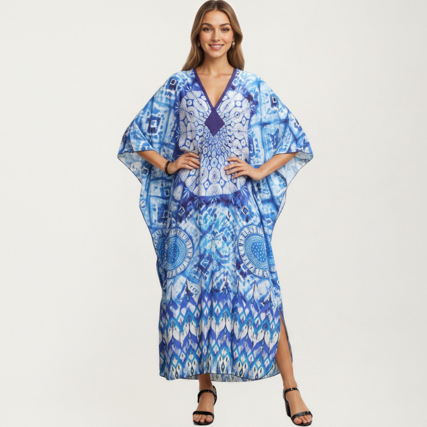 Tie Dye Medallion Kaftan Maxi Dress with V-Neckline and Relaxed Flowy Silhouette