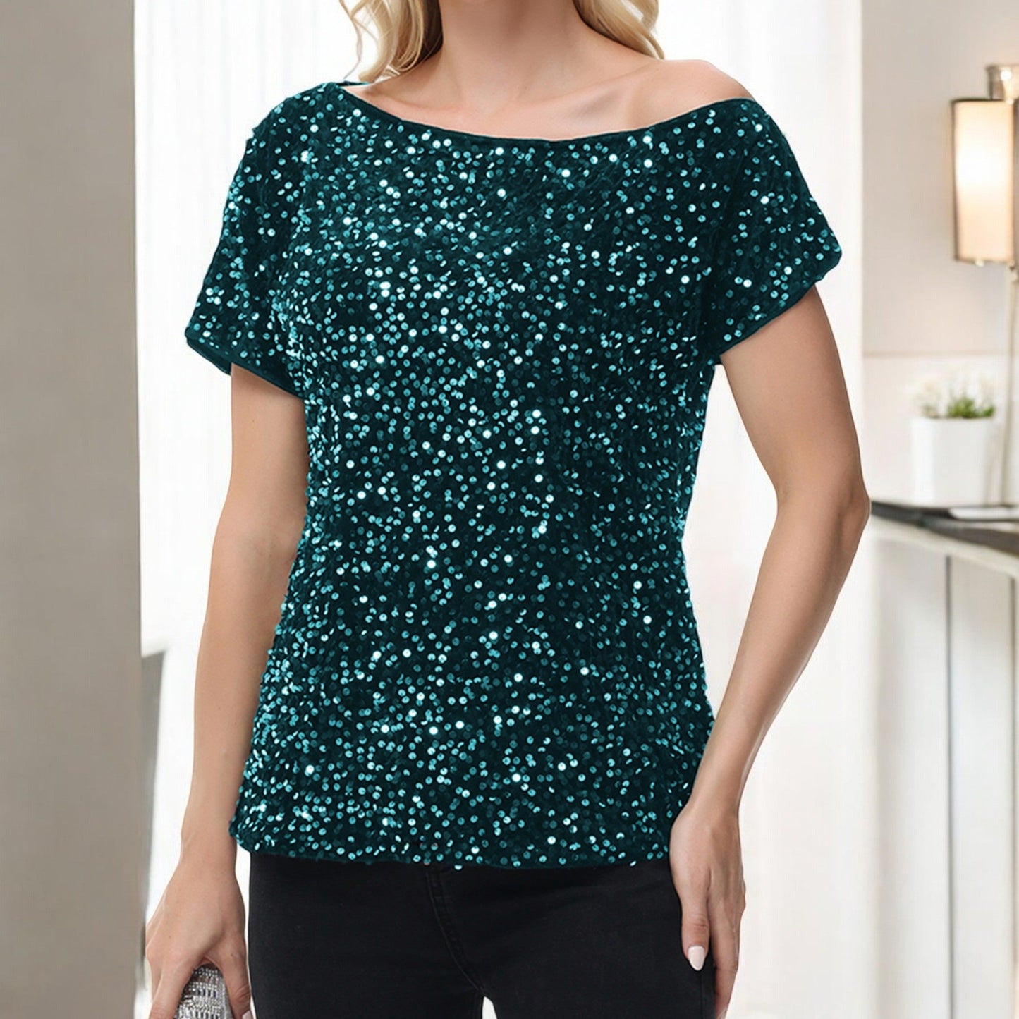 Off-Shoulder Sequin Short Sleeve Top with Relaxed Fit