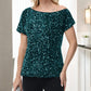 Off-Shoulder Sequin Short Sleeve Top with Relaxed Fit