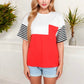 Color Block T-Shirt with Striped Sleeves Front Pocket Detail