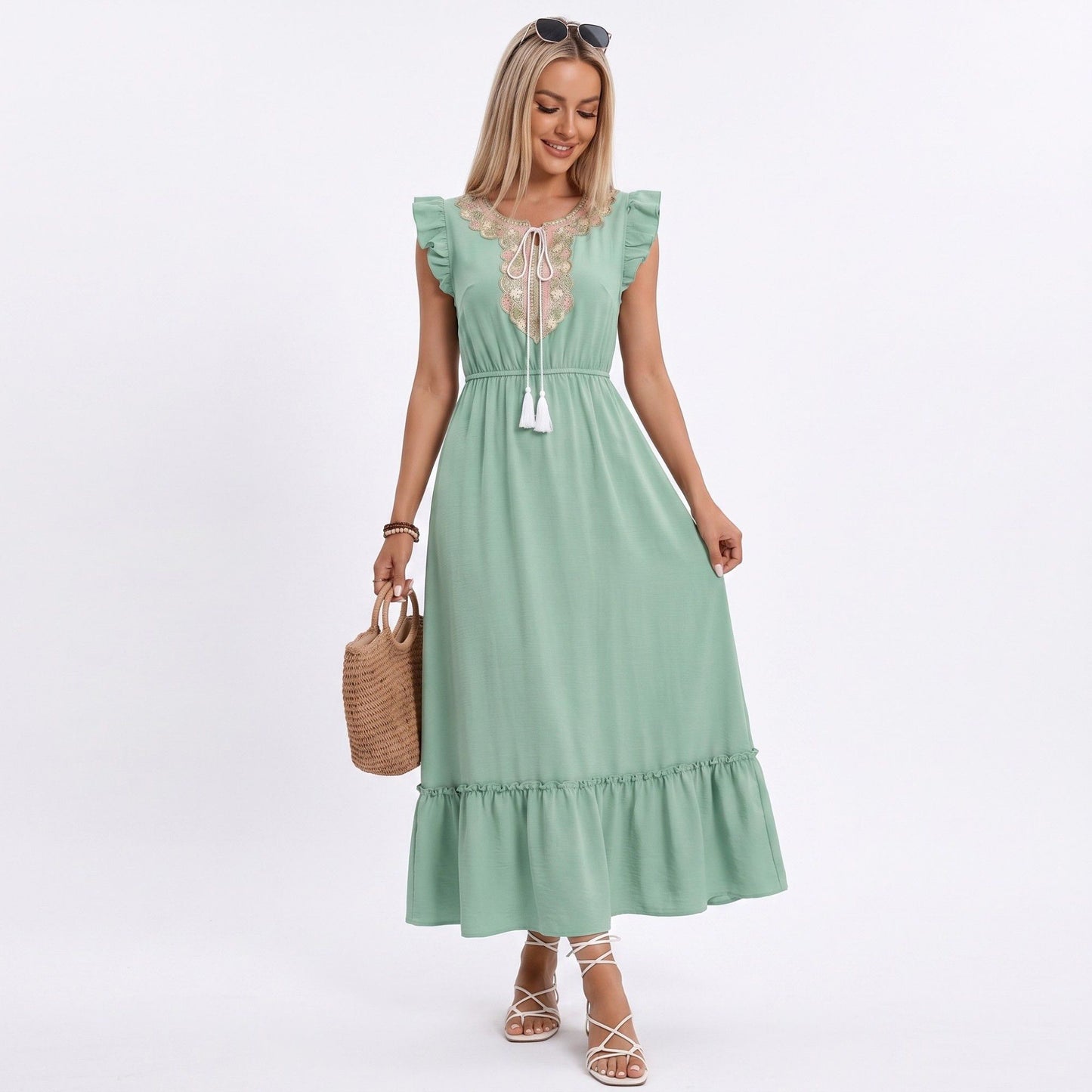 Lace Trim Midi Dress Ruffle Sleeve Tie Neck Tiered Hem Dress
