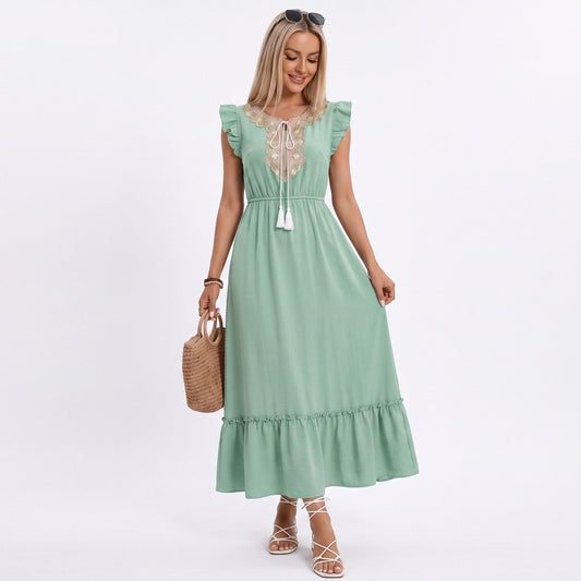 Lace Trim Midi Dress Ruffle Sleeve Tie Neck Tiered Hem Dress