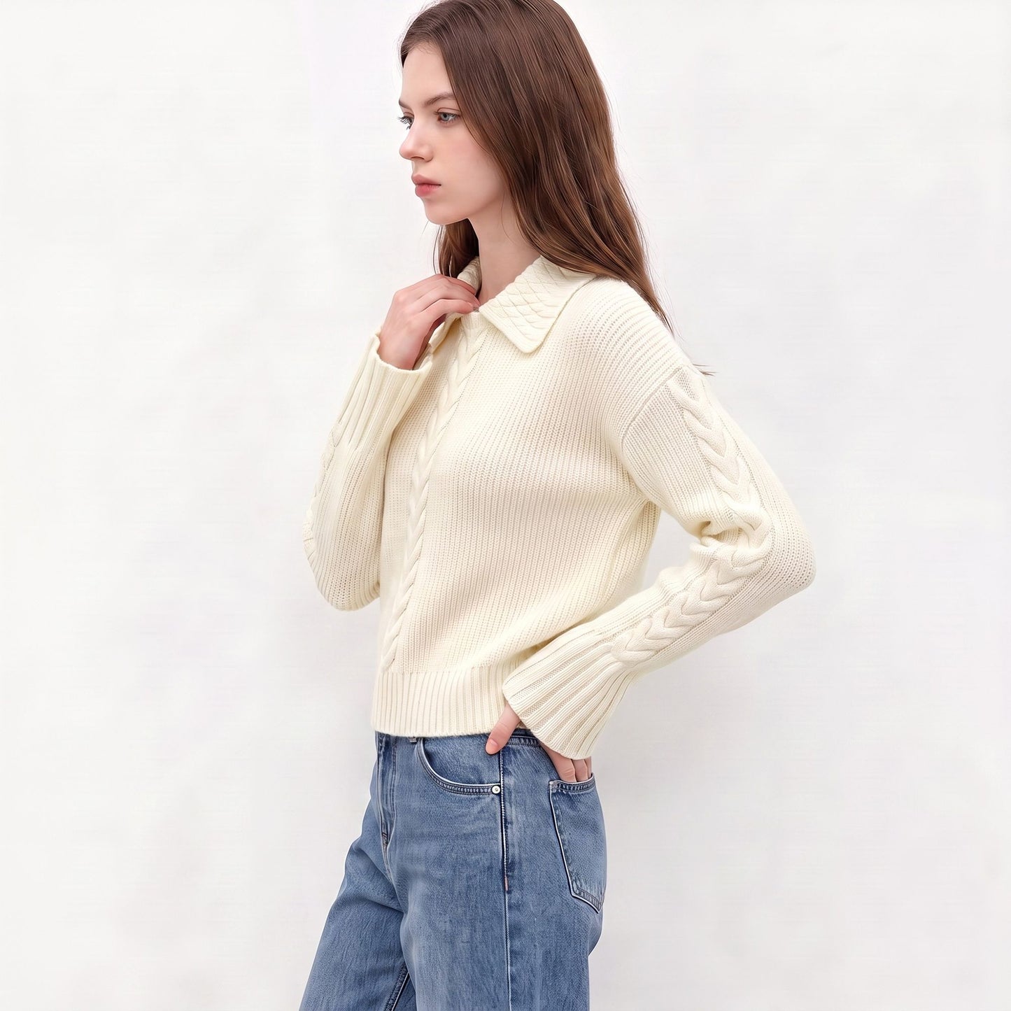 Cable Knit Collared Sweater with Flared Cuffs