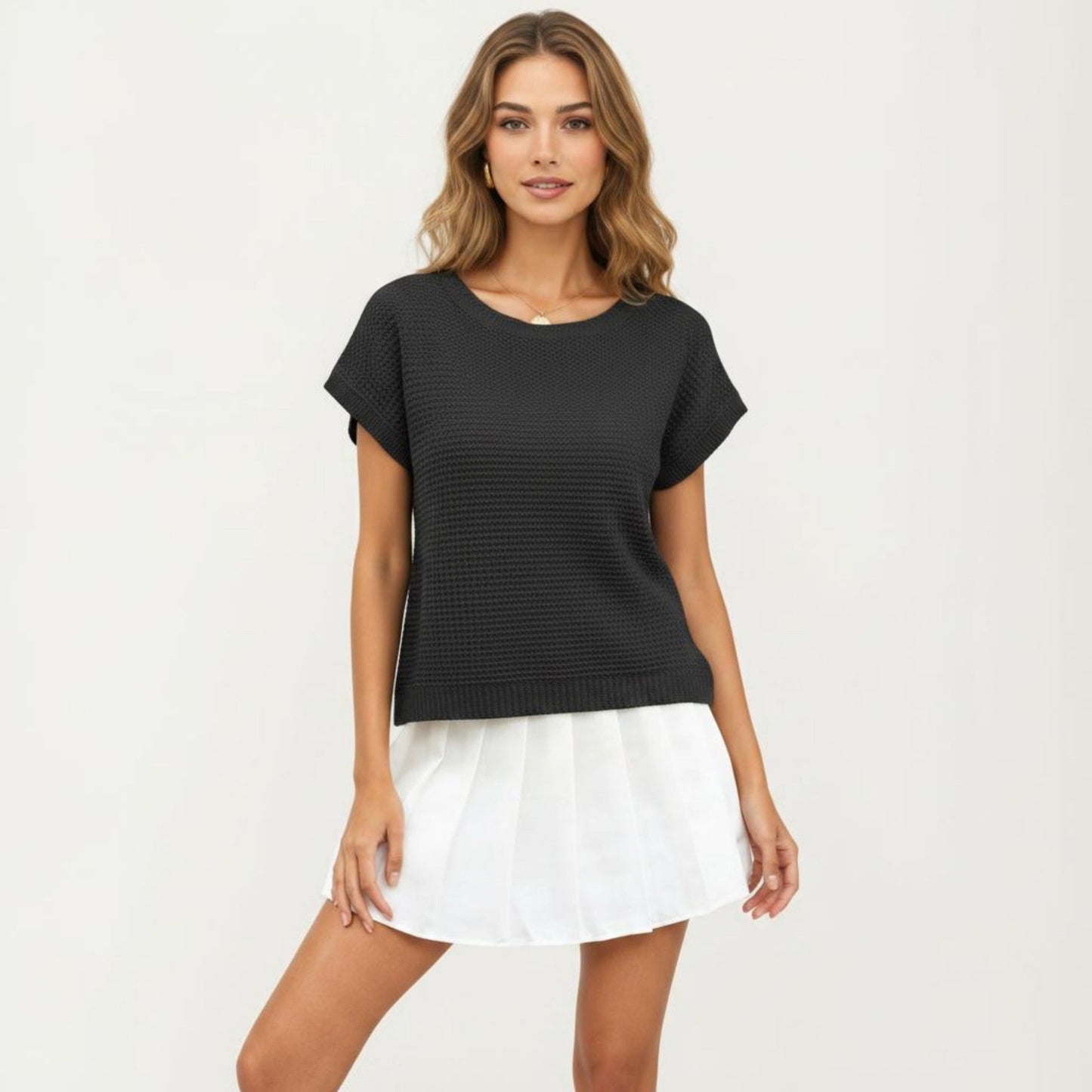 Short Sleeve Textured Knit Top with Crew Neck Ribbed Trim and Relaxed Fit