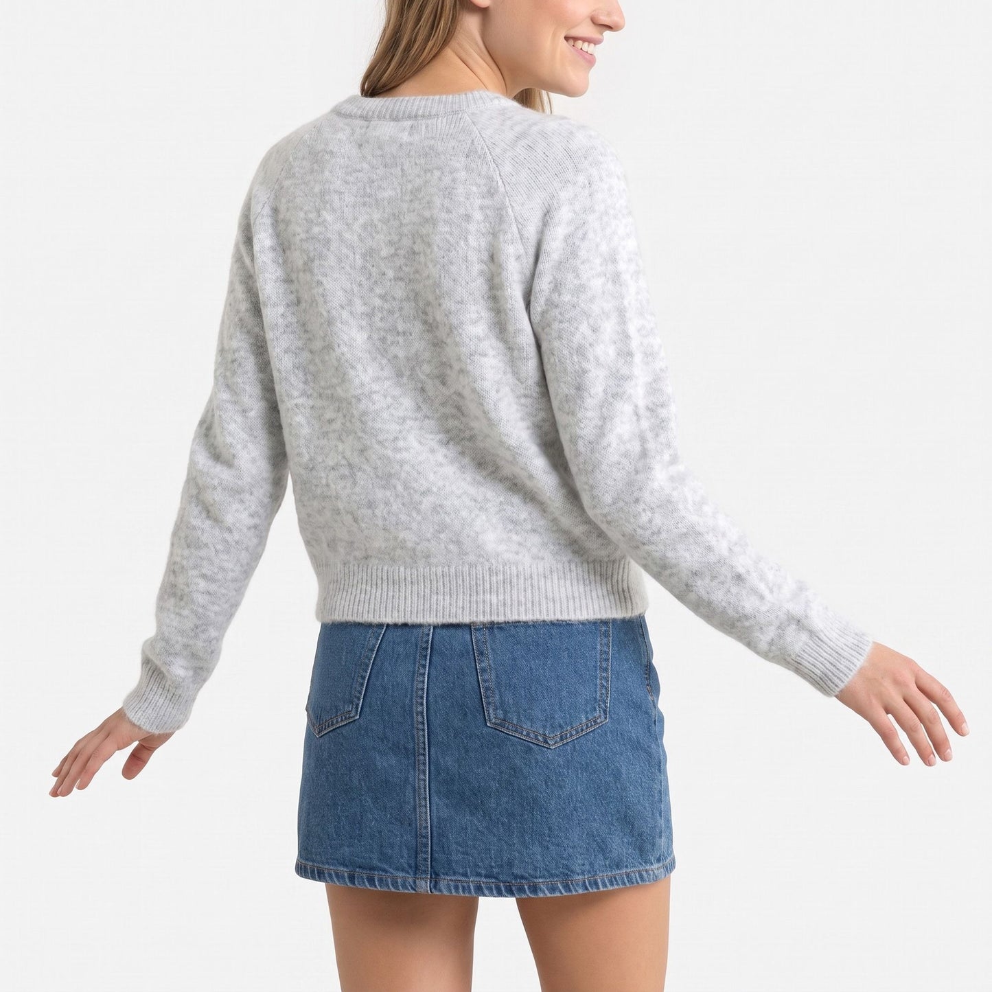 Fuzzy Knit Heart Button Crewneck Cardigan Sweater