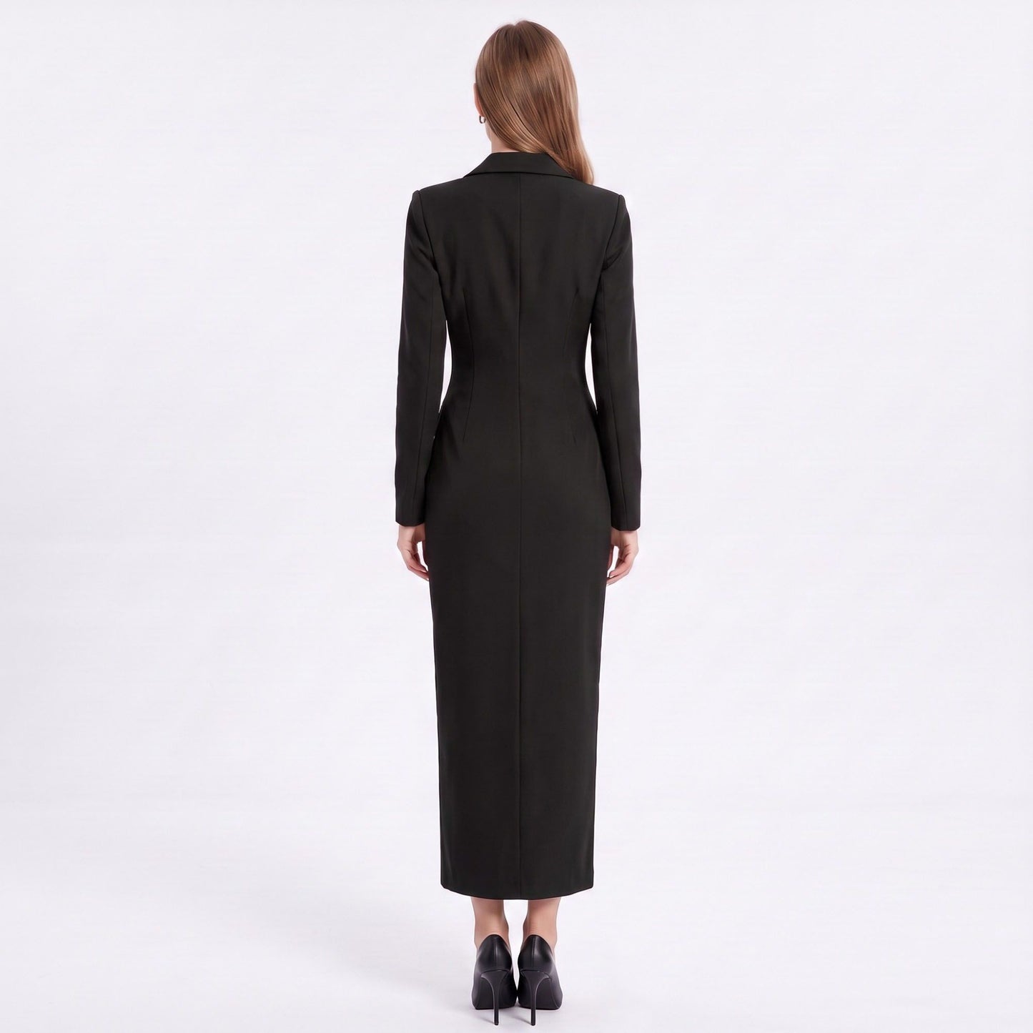 Long Sleeve Blazer Maxi Dress with Notched Lapels and Front Slit