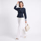 Peplum Top Crew Neck Long Sleeve Pleated Waist Contrast Stripe Cuffs