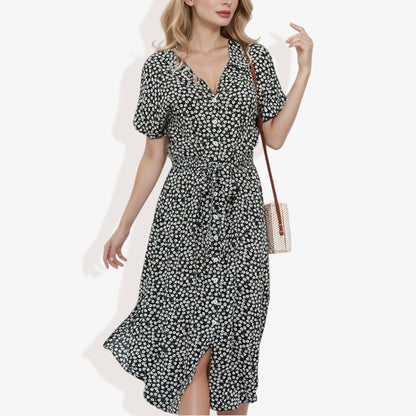 Collar V-Neck Button Down Floral Midi Dress