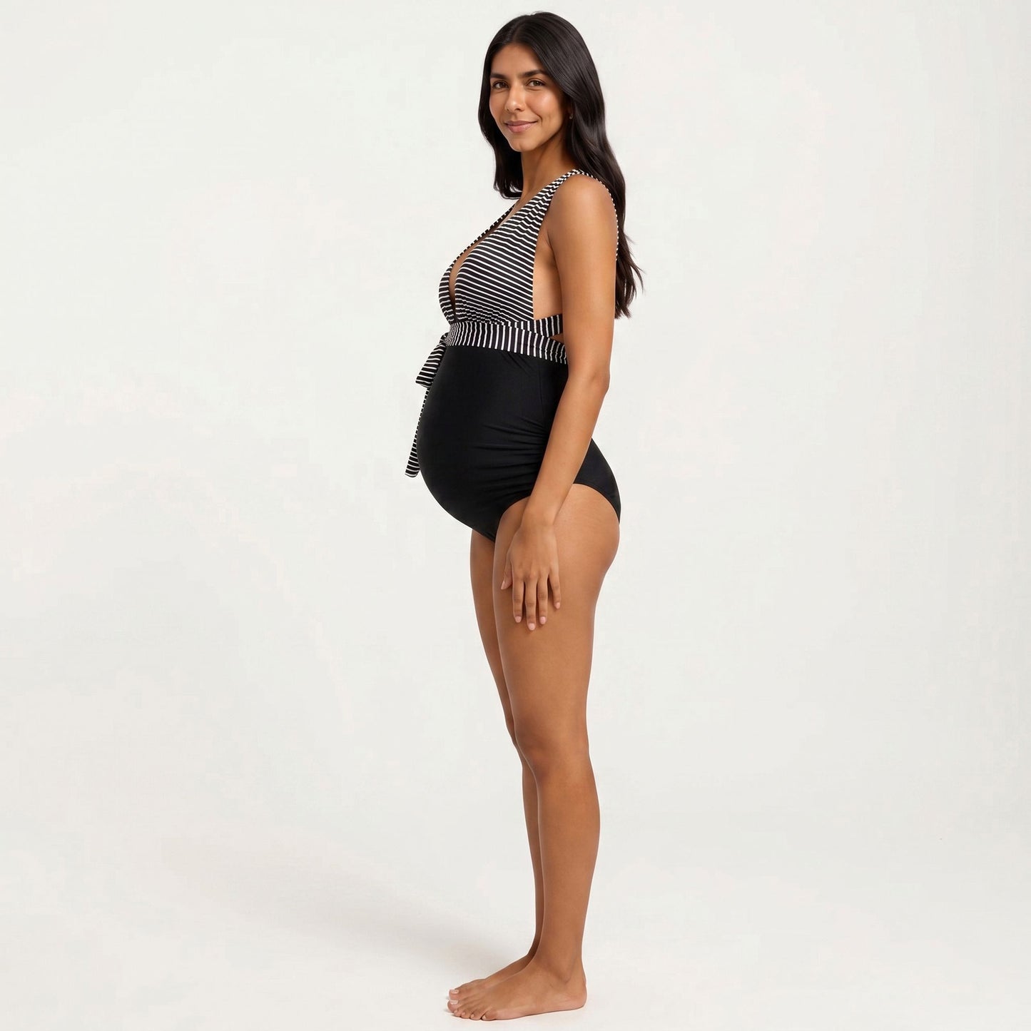 Maternity Striped One-Piece Swimsuit with Tie Waist and Deep V-Neckline