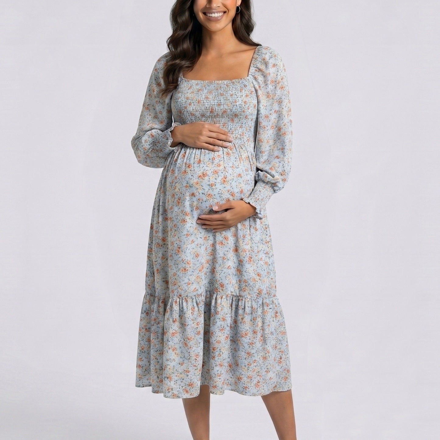 Maternity Floral Square Neck Midi Dress with Long Sleeves and Smocked Bodice