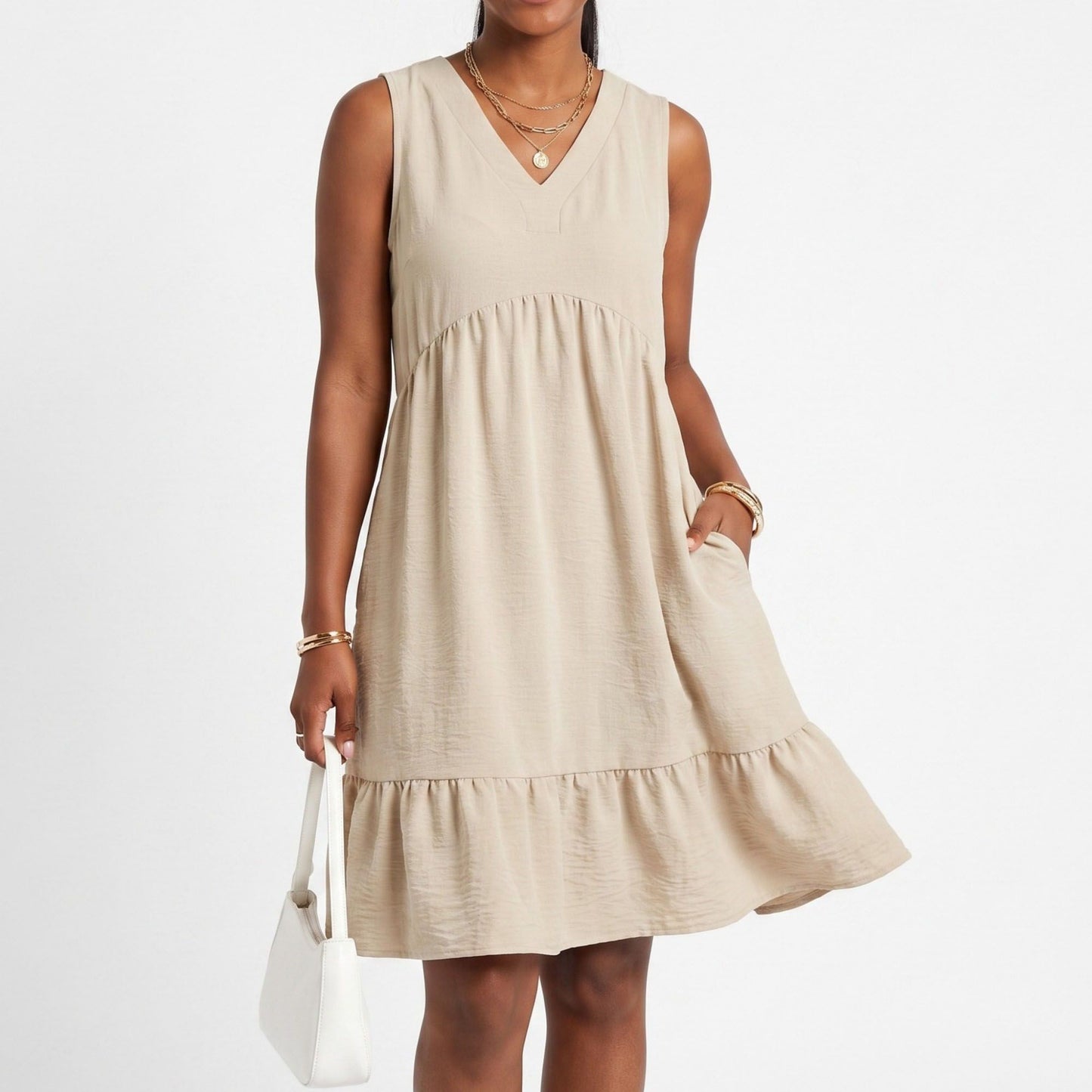 Sleeveless V-Neck Babydoll Ruffle Hem Dress with Pockets
