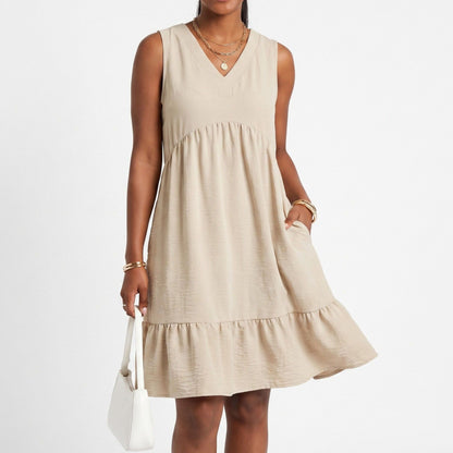 Sleeveless V-Neck Babydoll Ruffle Hem Dress with Pockets