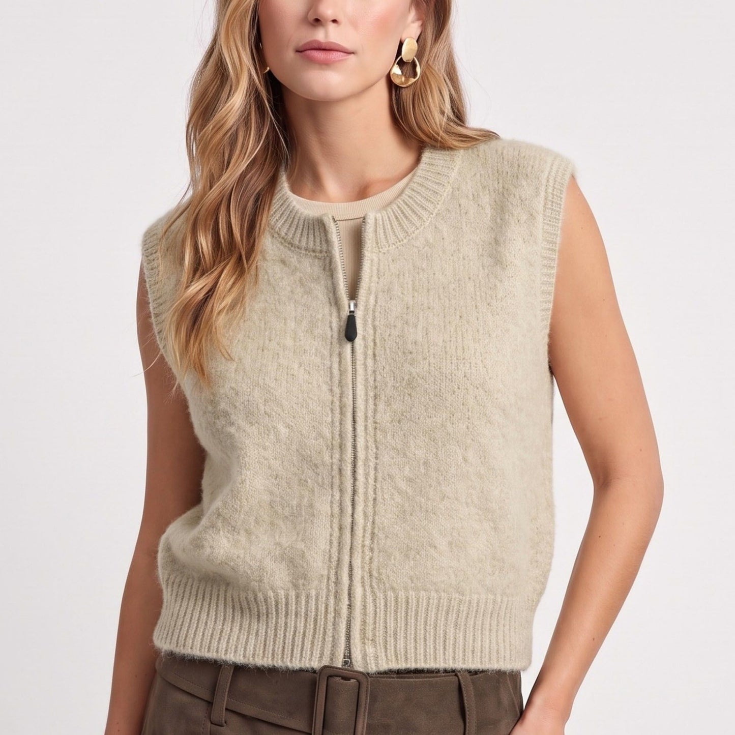 Sleeveless Full Zip Knit Sweater Vest