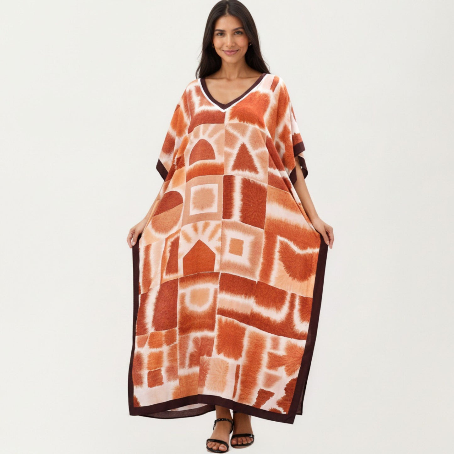Abstract Print Maxi Caftan Dress with V-Neckline Short Sleeves and Relaxed Draped Silhouette