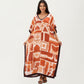 Abstract Print Maxi Caftan Dress with V-Neckline Short Sleeves and Relaxed Draped Silhouette