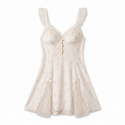 Printed Lace Bustier Keyhole Chemise Nightgown
