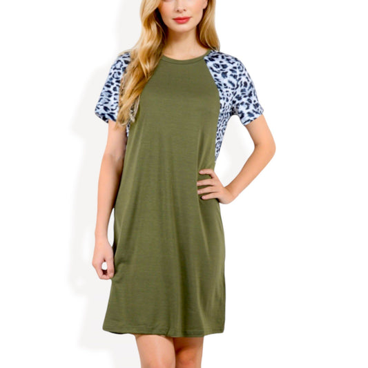 Short Sleeve Leopard Print Raglan Dress