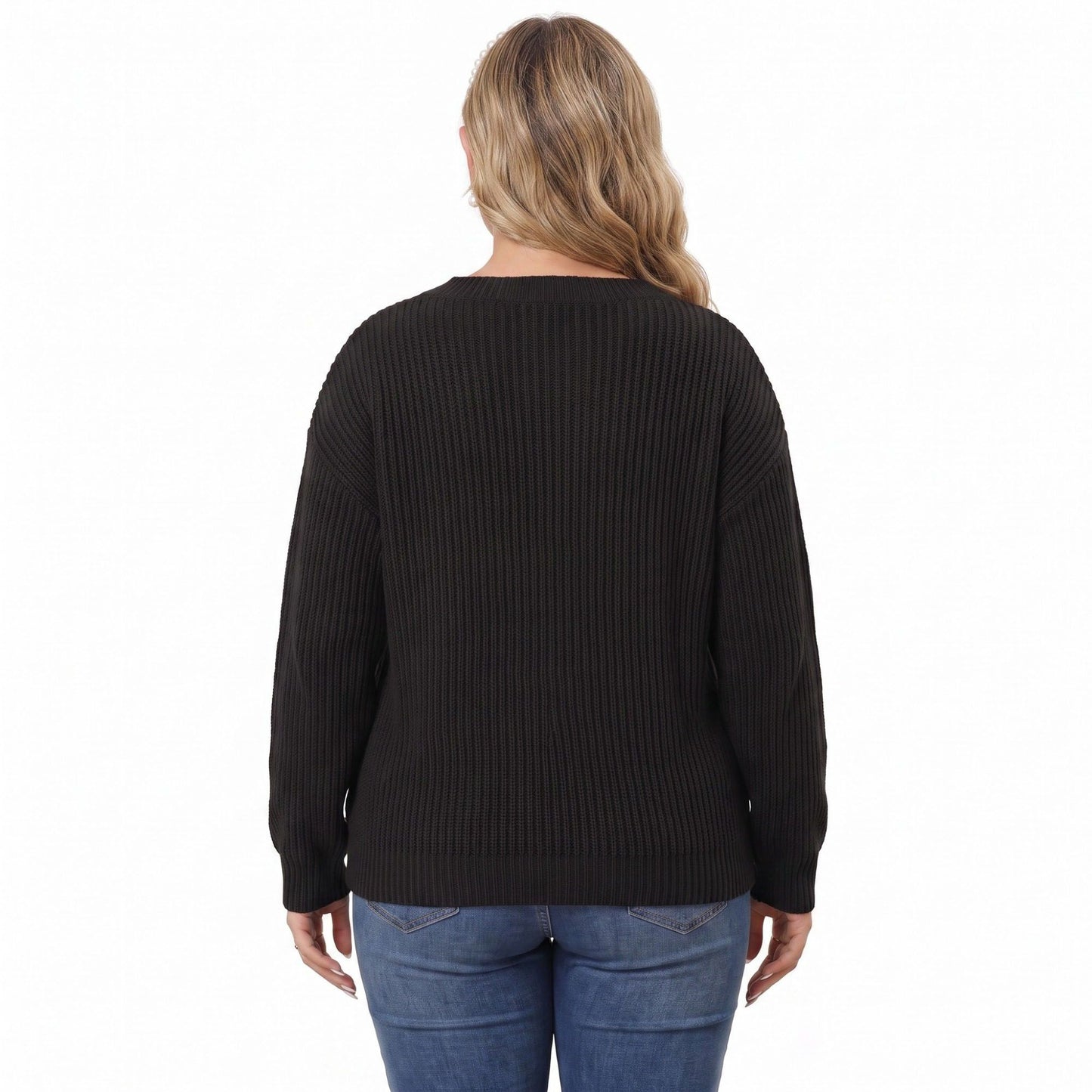 Plus Size Contrast Collar V-Neck Ribbed Sweater