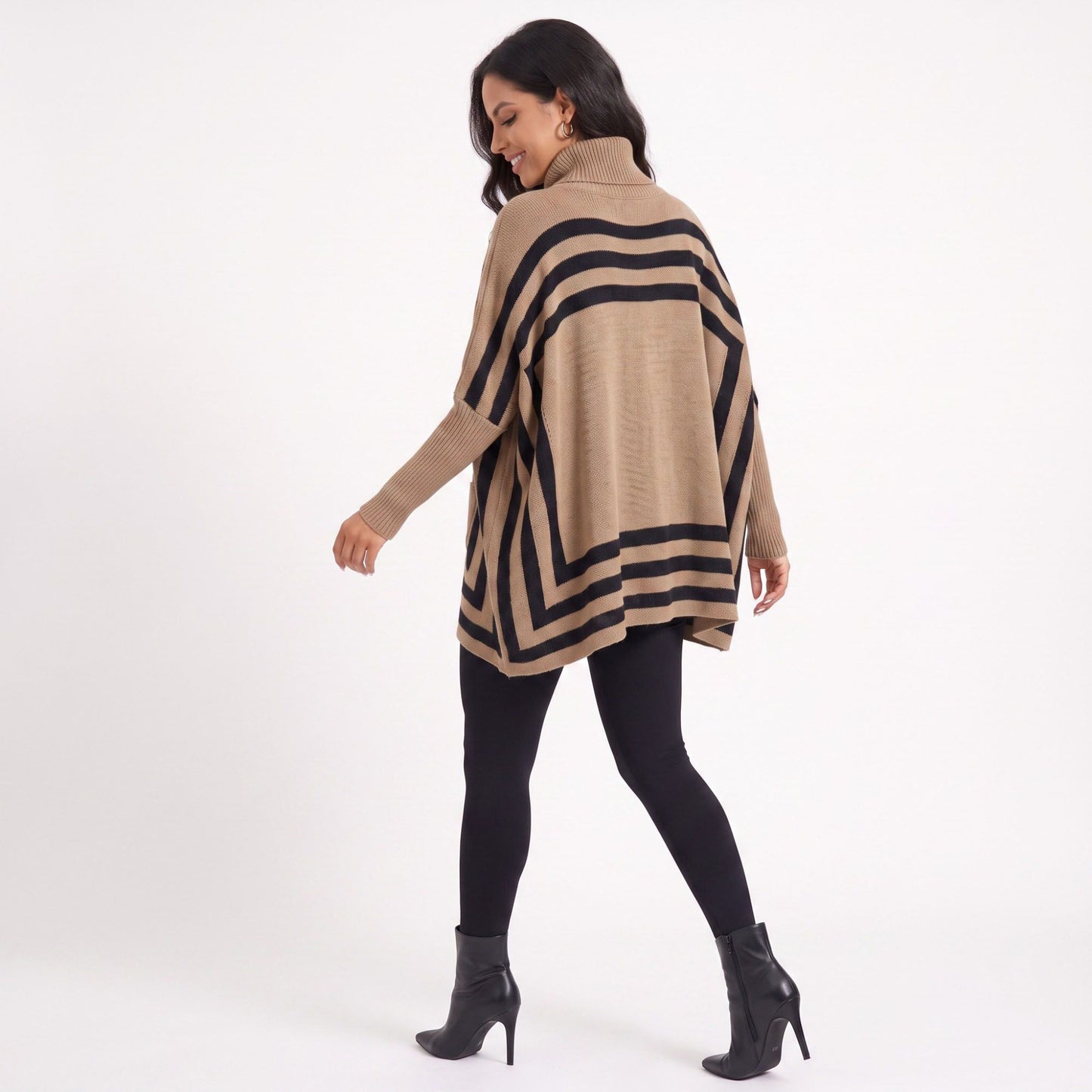 Striped Turtleneck Poncho Sweater with Pockets