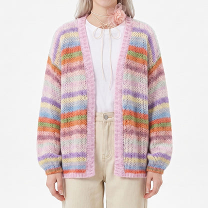 Multicolor Striped Open Front Knit Cardigan Sweater