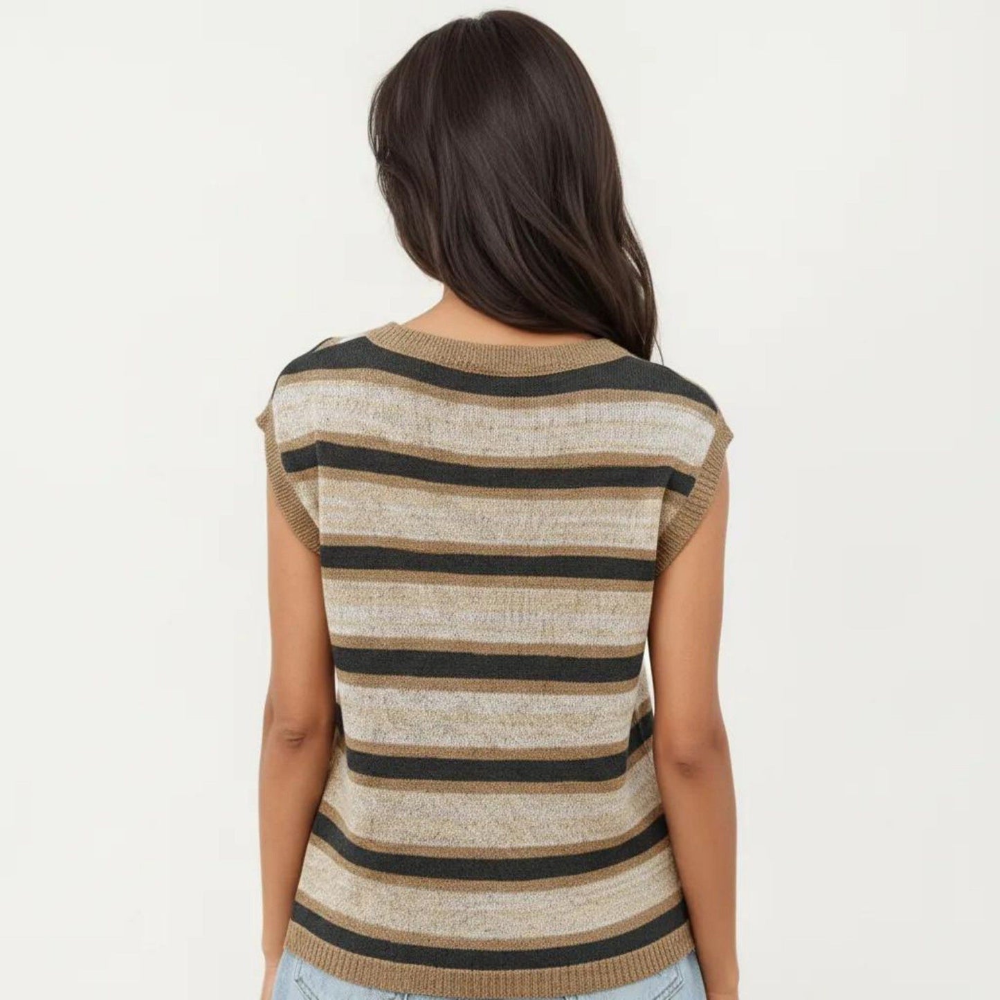 Sleeveless Striped Knit Top with Shoulder Button Detail and Relaxed Fit