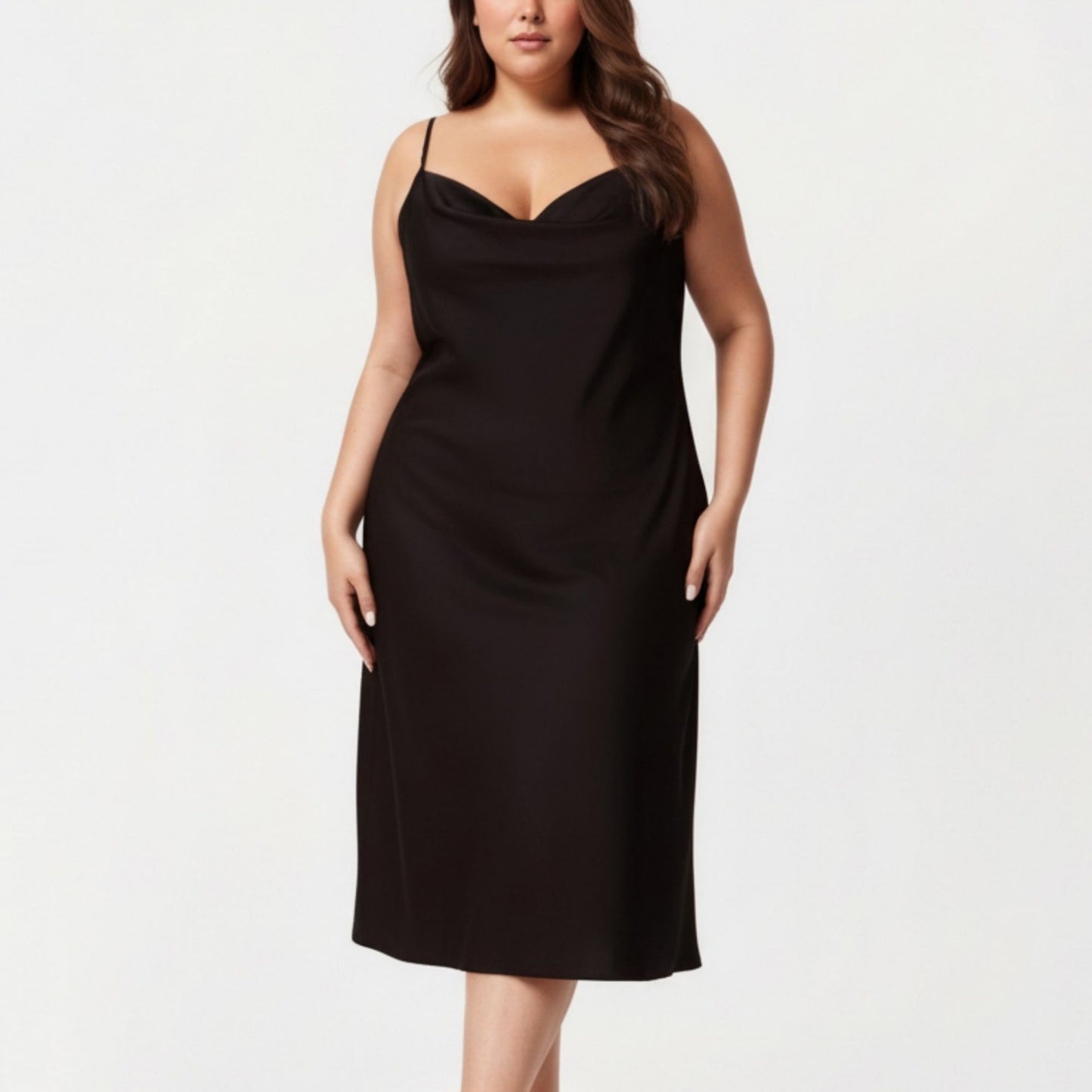 Plus Size Satin Slip Nightgown with Adjustable Spaghetti Straps Midi Length Relaxed Fit Sleepwear Dress