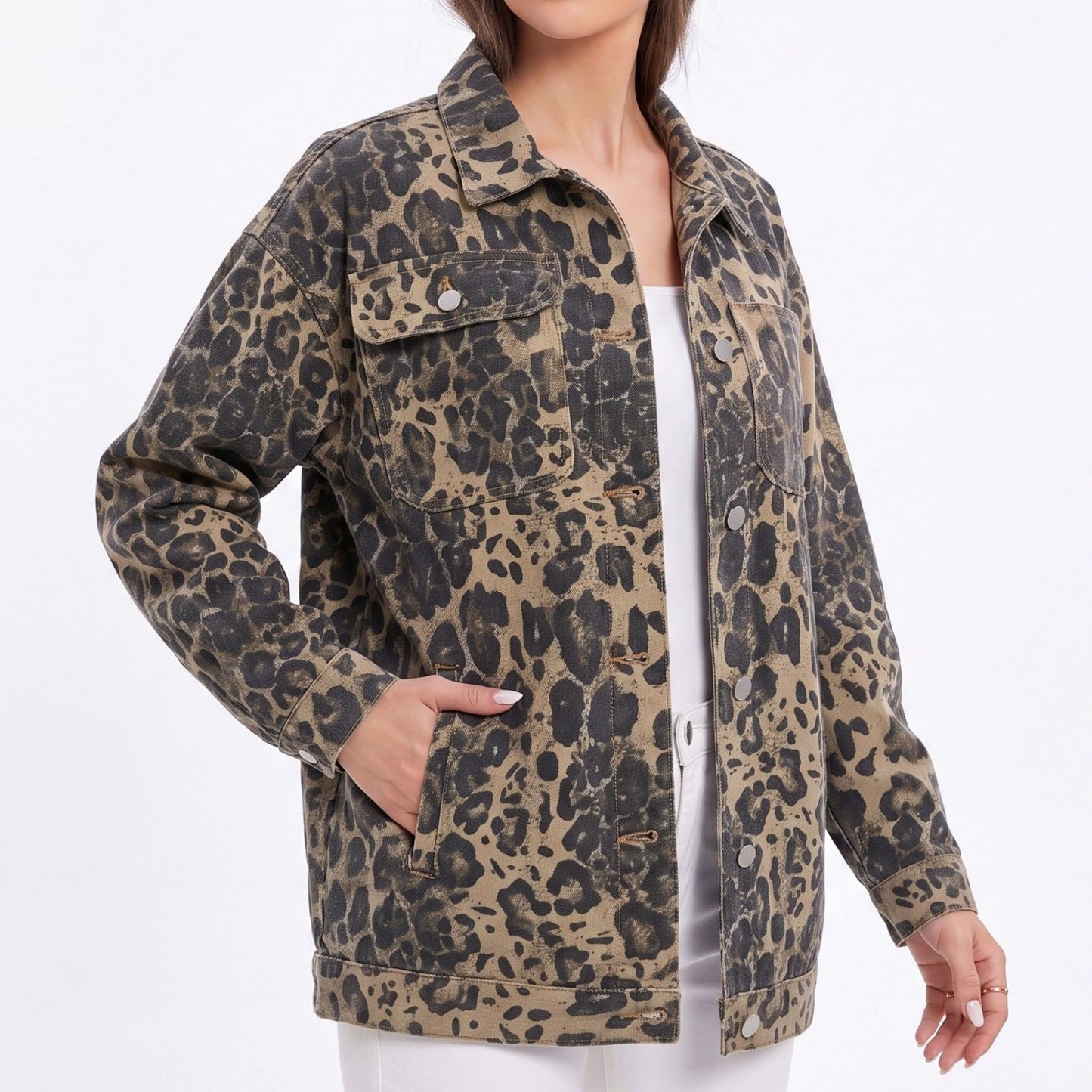 Oversized Denim Jacket Button Front Long Sleeve Casual Jean Shacket With Pockets