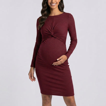 Maternity Ribbed Long Sleeve Bodycon Dress with Front Twist Detail