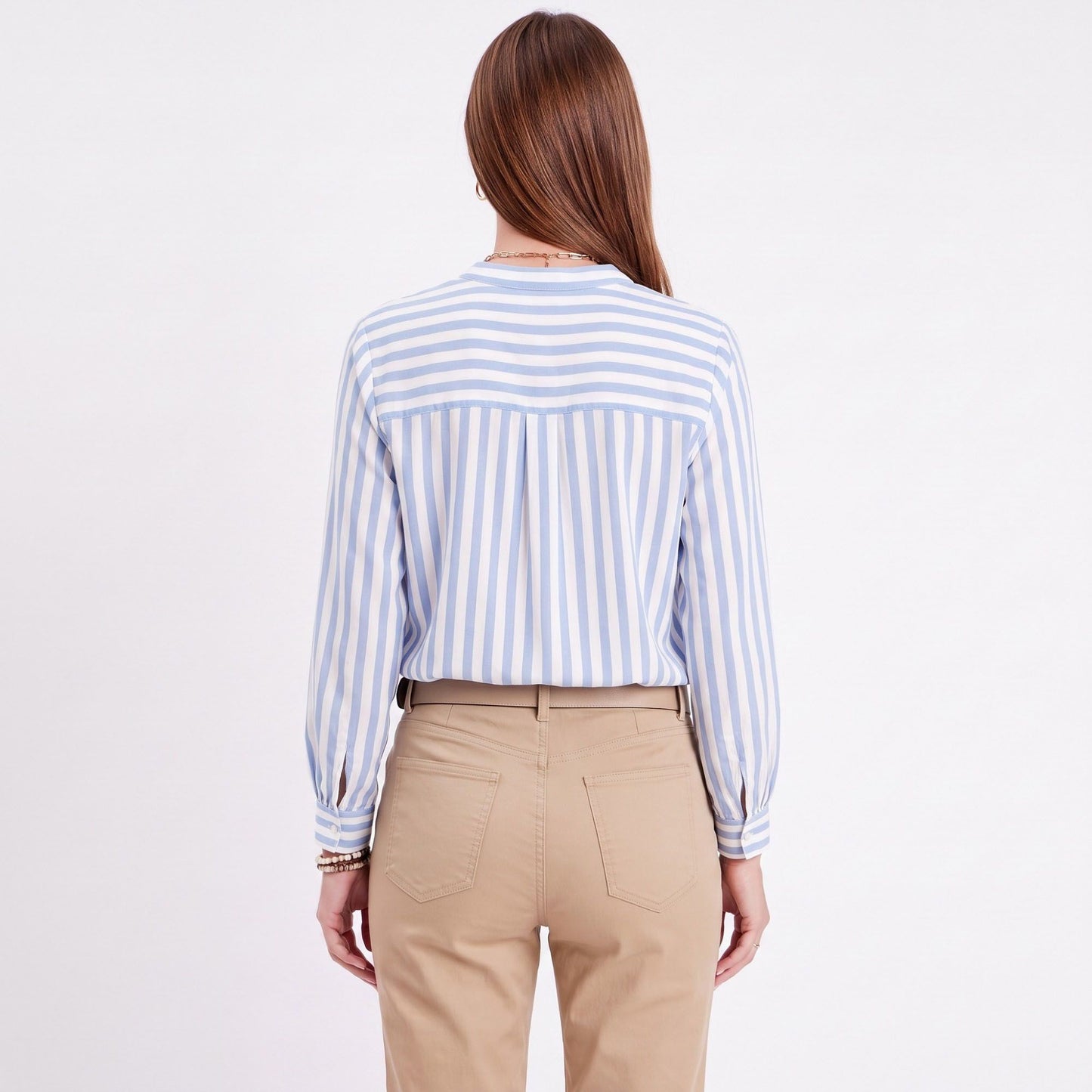 Striped Long Sleeve Split Neck Blouse with Button Placket