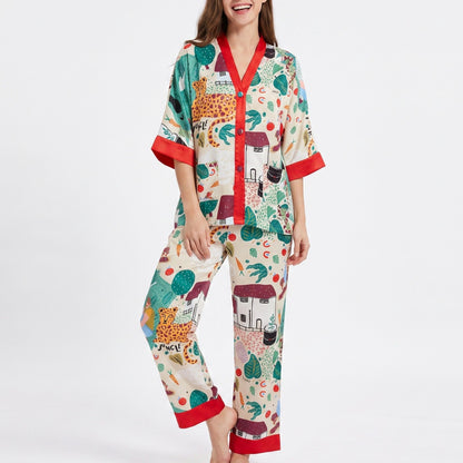 2-Piece Printed Pajama Set Button Front Short Sleeve Sleep Shirt and Long Pants