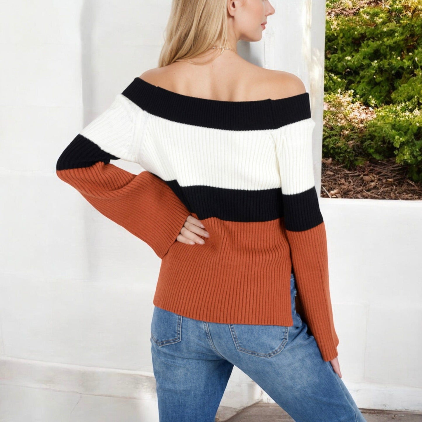Off-Shoulder Ribbed Sweater with Color Block Flared Sleeves