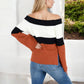 Off-Shoulder Ribbed Sweater with Color Block Flared Sleeves