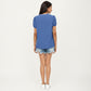 Short Sleeve Swiss Dot Top with Lace Trim V-Neck and Puff Sleeves
