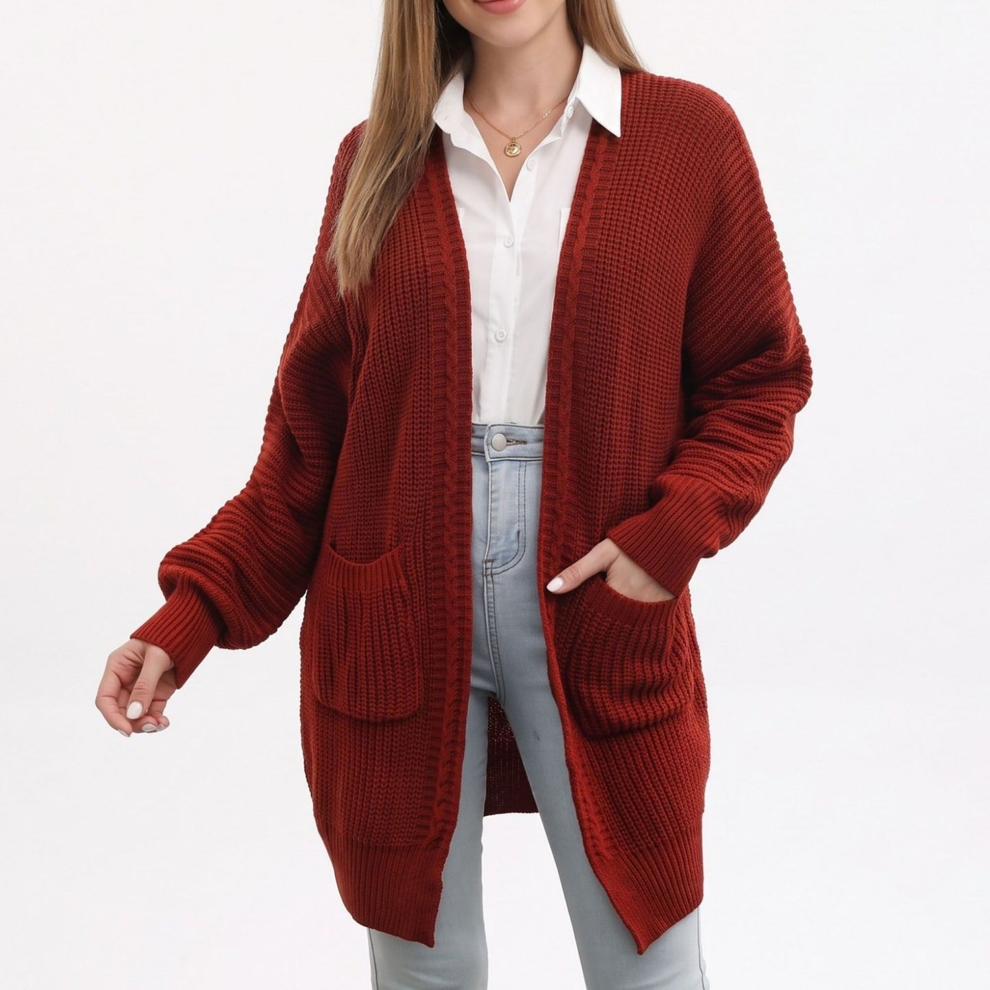 Long Open Front Knit Cardigan with Pockets