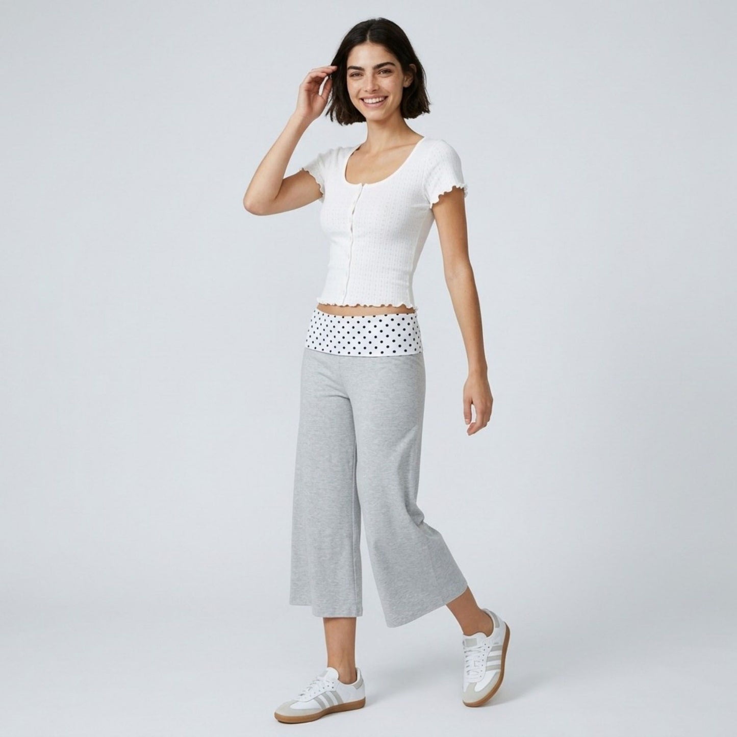 Polka Dot Contrast Waistband Cropped Wide-Leg Trousers