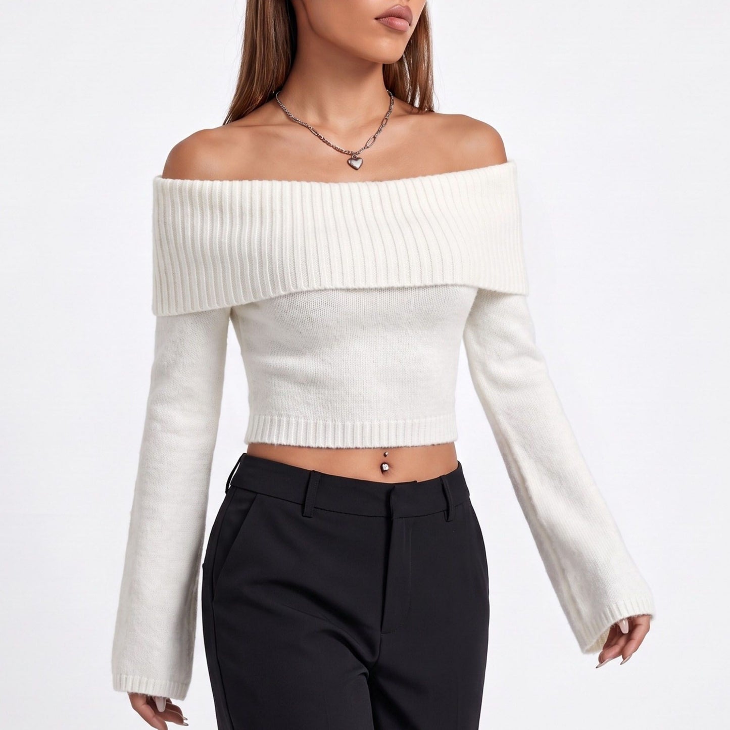 Off Shoulder Foldover Cropped Knit Sweater