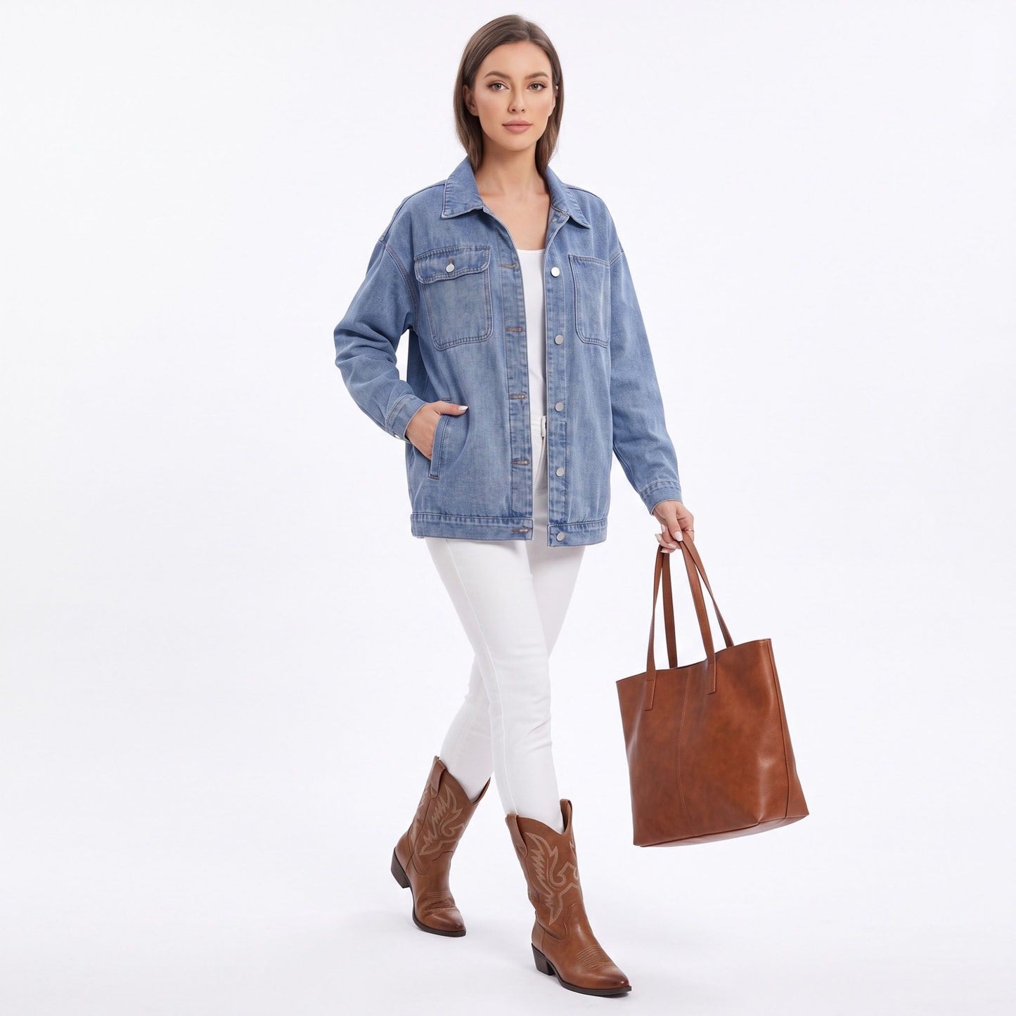 Oversized Denim Jacket Button Front Long Sleeve Casual Jean Shacket With Pockets