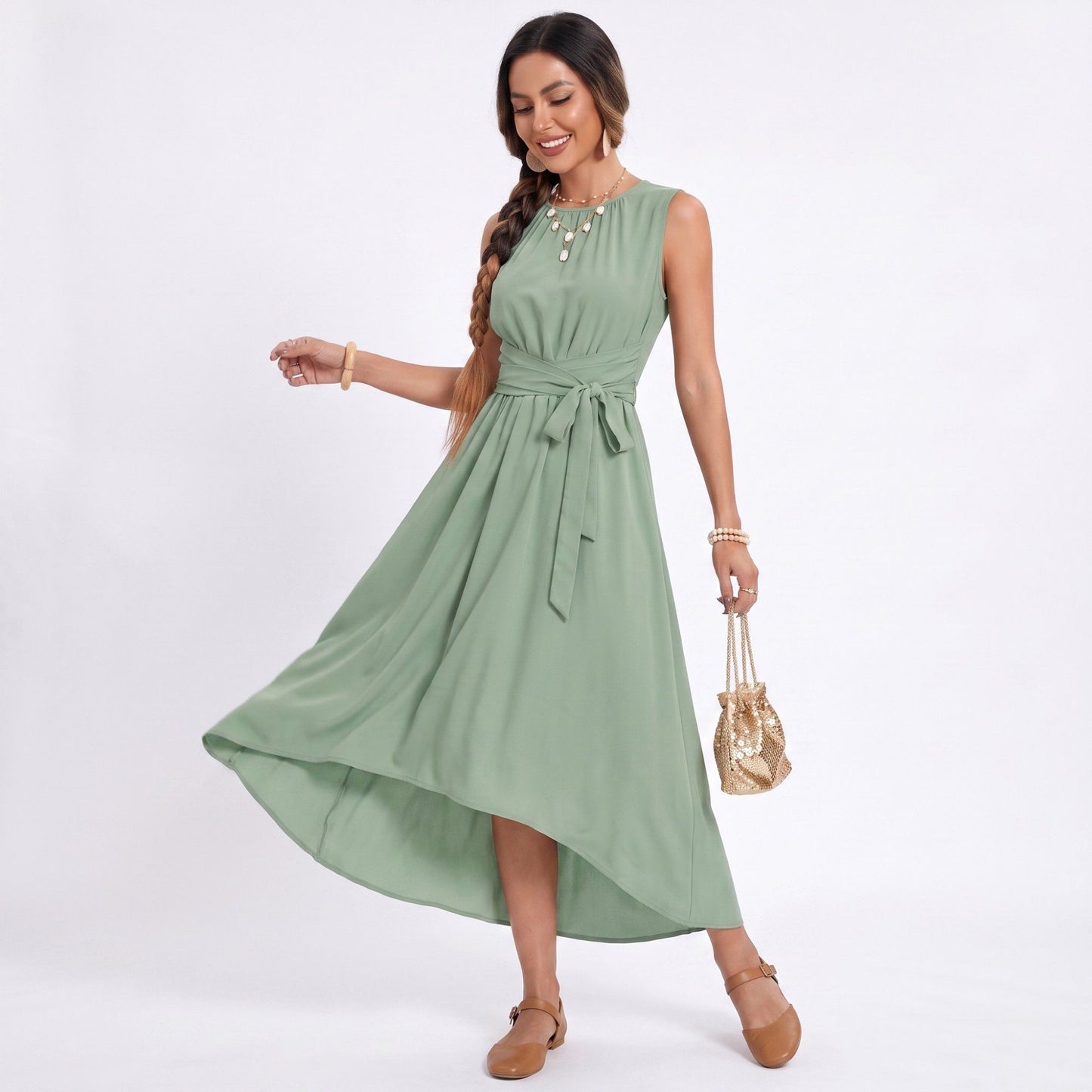 High Low Midi Dress Sleeveless Tie Waist Flowing A Line Dress