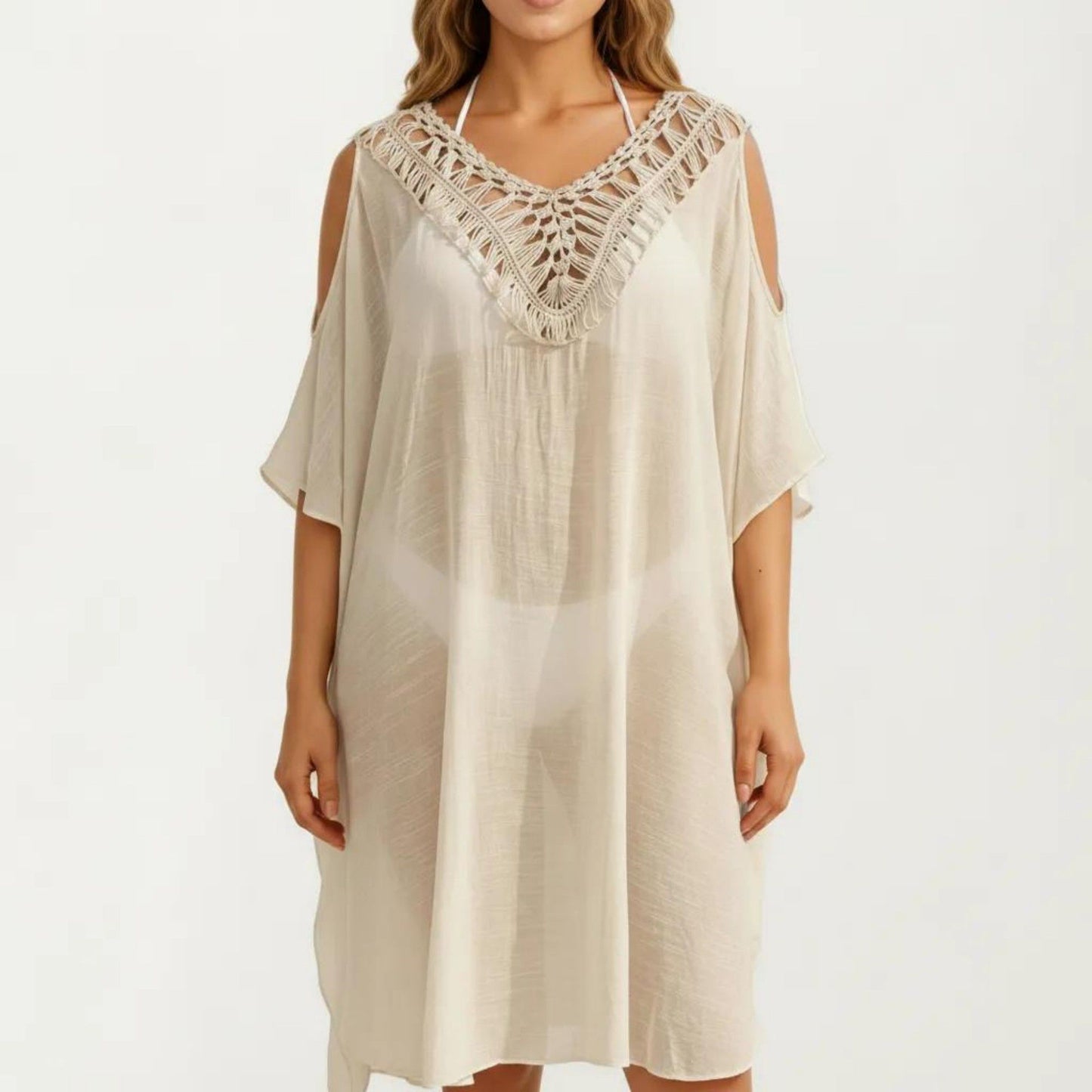 Crochet V Neck Swim Cover Up Dress with Cold Shoulder Sleeves and Relaxed Fit